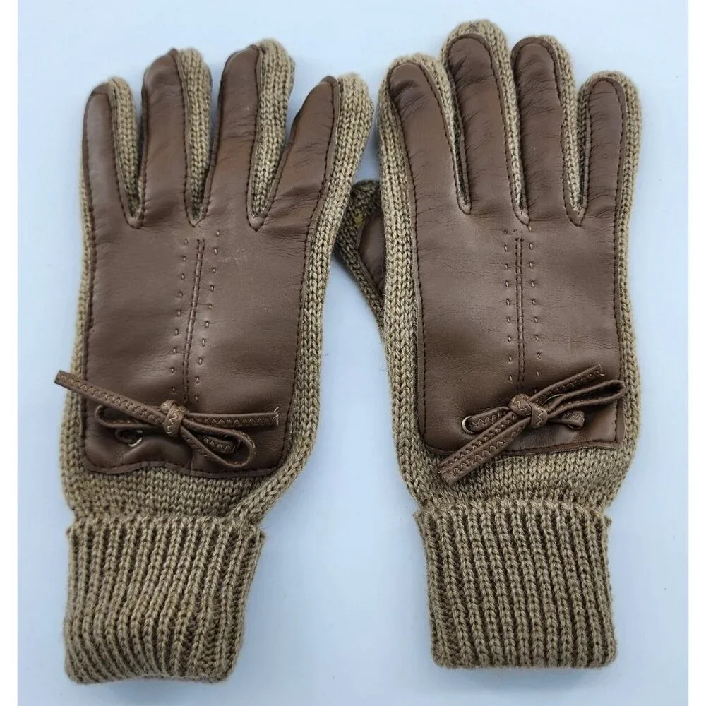 Vtg Womens Beige Acrylic Knit Gloves Vinyl Accents WPL 12931 Made in Taiwan OSFA